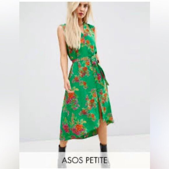 ASOS Green Floral v neck shift button through midi dress size 10 - Picture 1 of 9